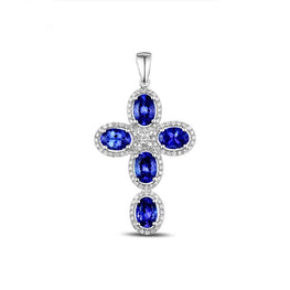 Natural 3.35ct Blue Tanzanite with 0.56ct Pave H SI Diamonds 14k White Gold Engagement Crosses Pendant - jewelrycafee