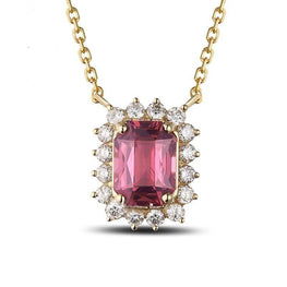 1.72ct Pink Emerald Cut Tourmaline Diamond 14k Yellow Gold Necklace Clavicle Pendant - jewelrycafee
