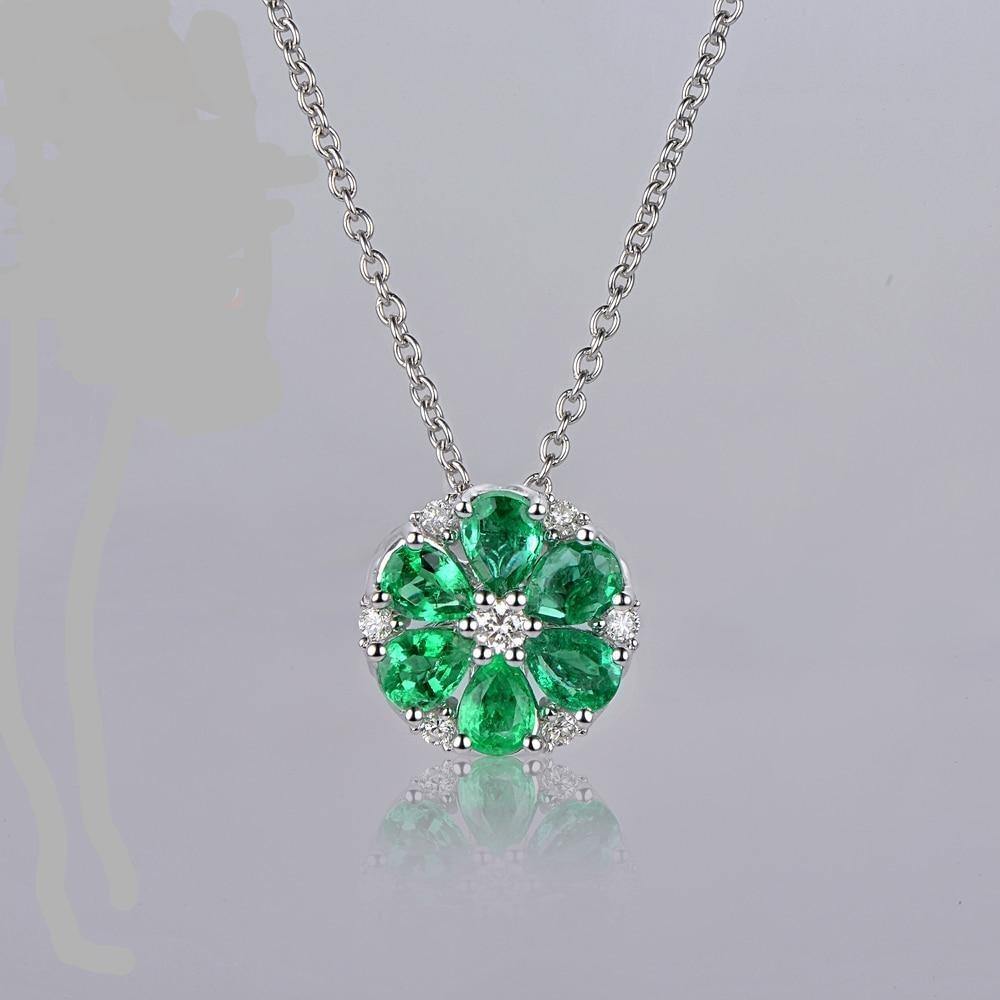 Natural 1.42CT Emerald H SI Diamond Engagement 14k White Gold Pendant Chain - jewelrycafee