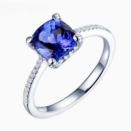 Engagement Ring For Women Eternal Love Elegant Cushion 7.5mm Solid 14Kt White Gold Diamonds Tanzanite Stone Ring - jewelrycafee