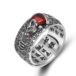 925 Silver Tibetan Six Words Proverb Ring Good Luck Wealth Pixiu Ring Lucky Men's Ring